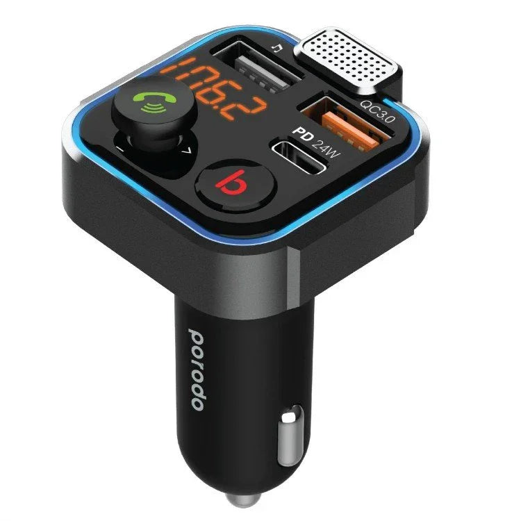 Porodo Smart Car Charger FM Transmitter with 24W PD Port & QC 3.0 - Black - Tashqila Porodo Smart Car Charger FM Transmitter with 24W PD Port & QC 3.0 - Black - Tashqila